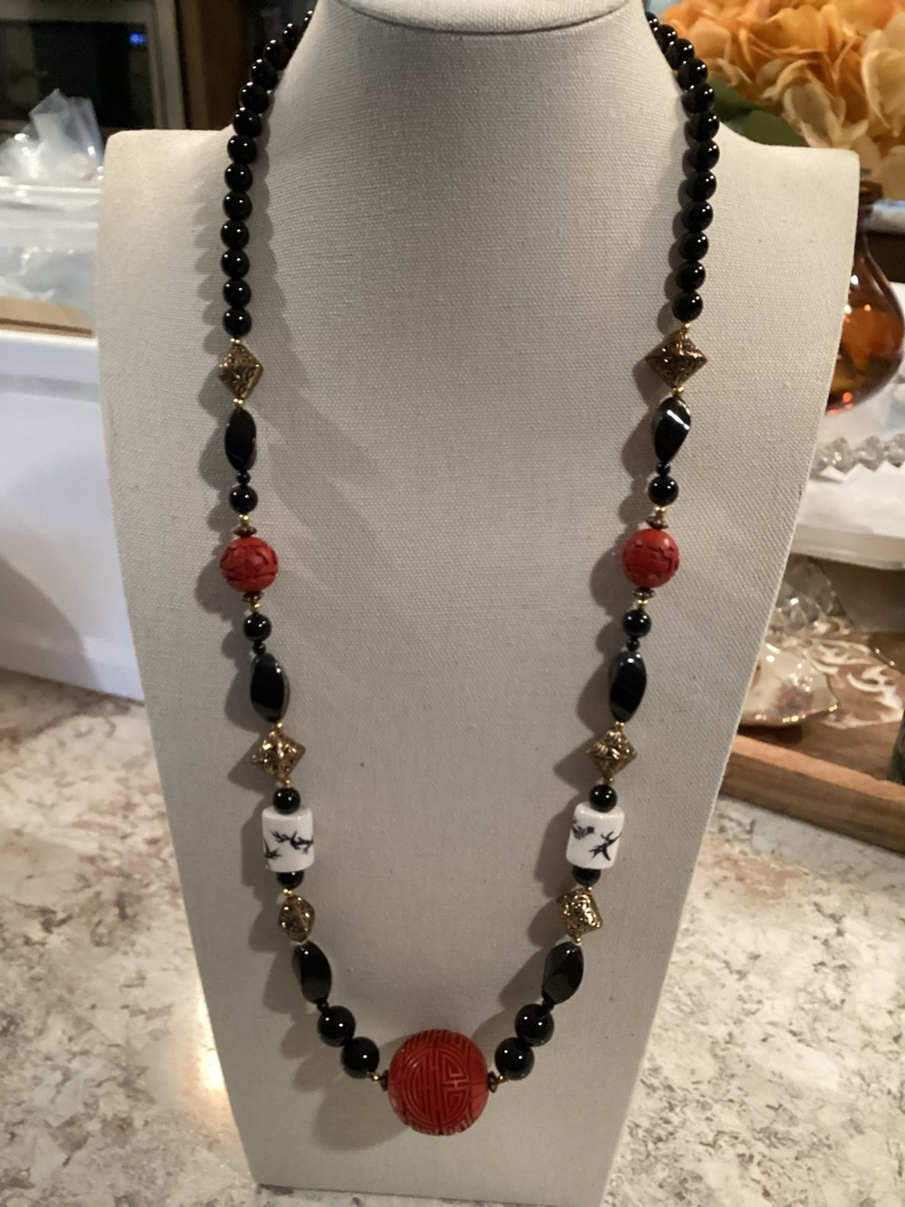Black and Red Cinnabar and Ceramic Beaded Statement Necklace Oriental Design